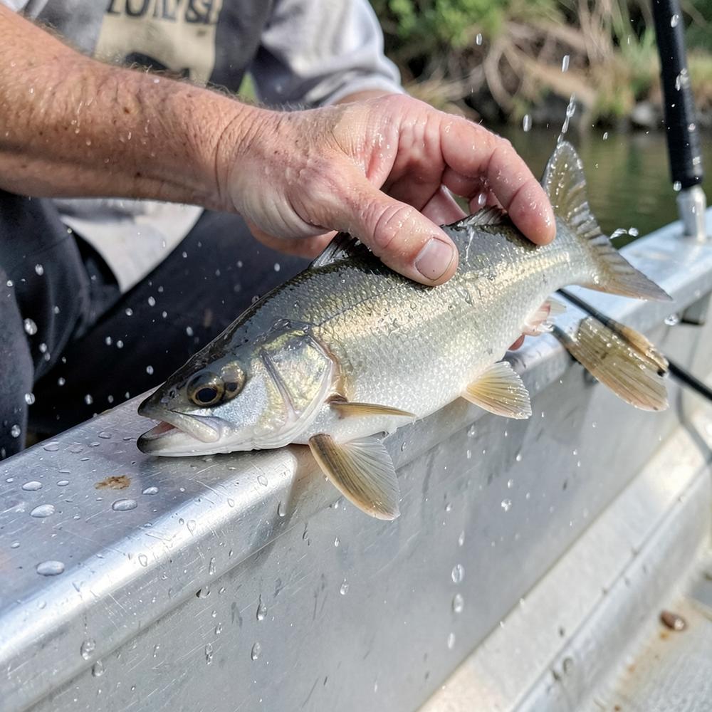 Freshly caught fish held over the gunwale of an aluminium boat on a Geelong fishing charter