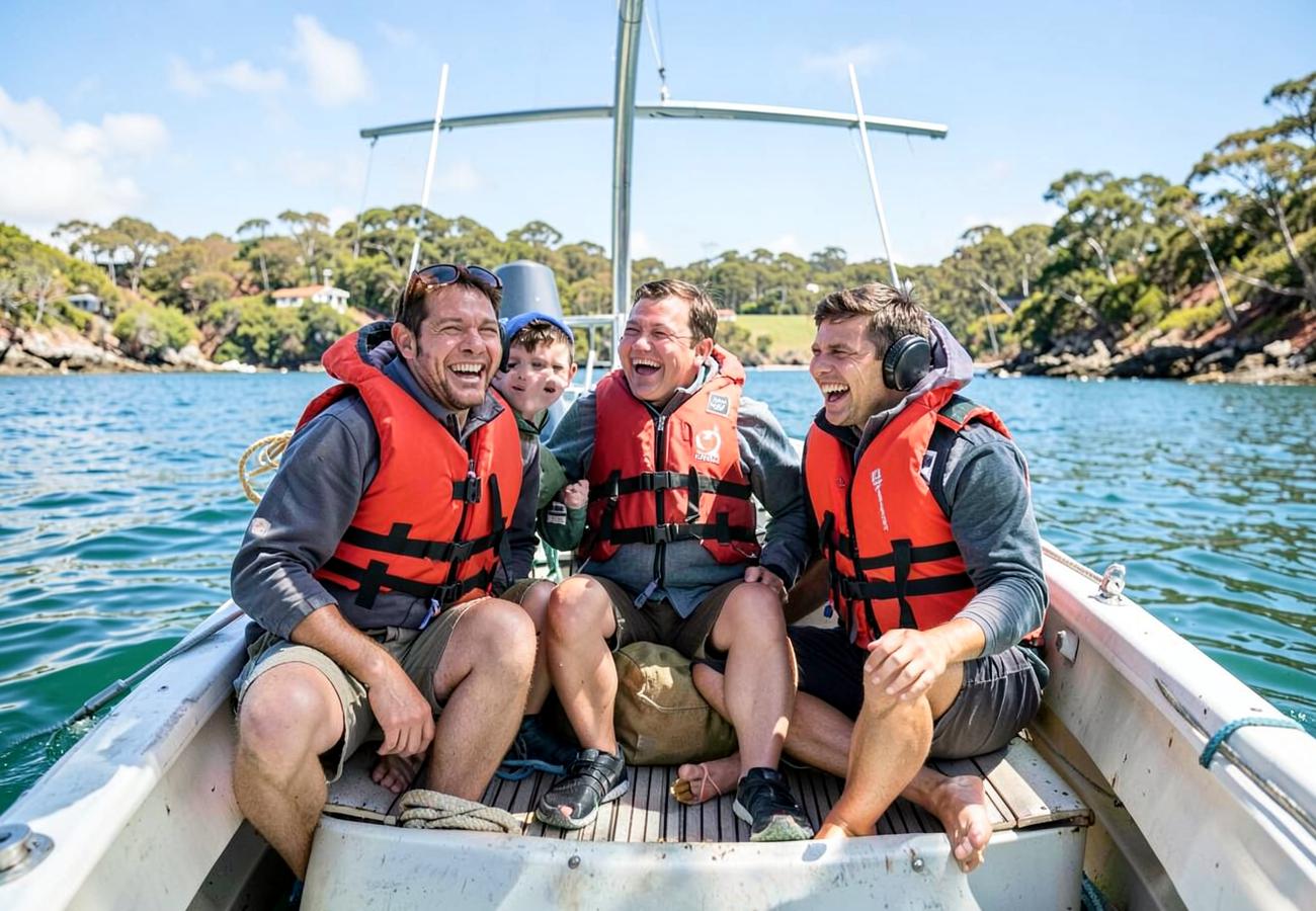 Family in life jackets laughing together on a family-friendly Geelong fishing charter