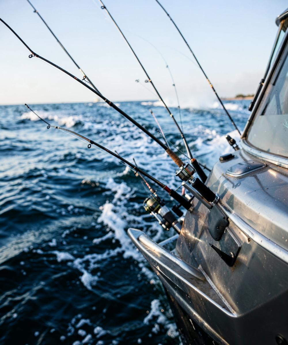 Fishing rods in transom rod holders as a charter boat runs across Geelong bay water